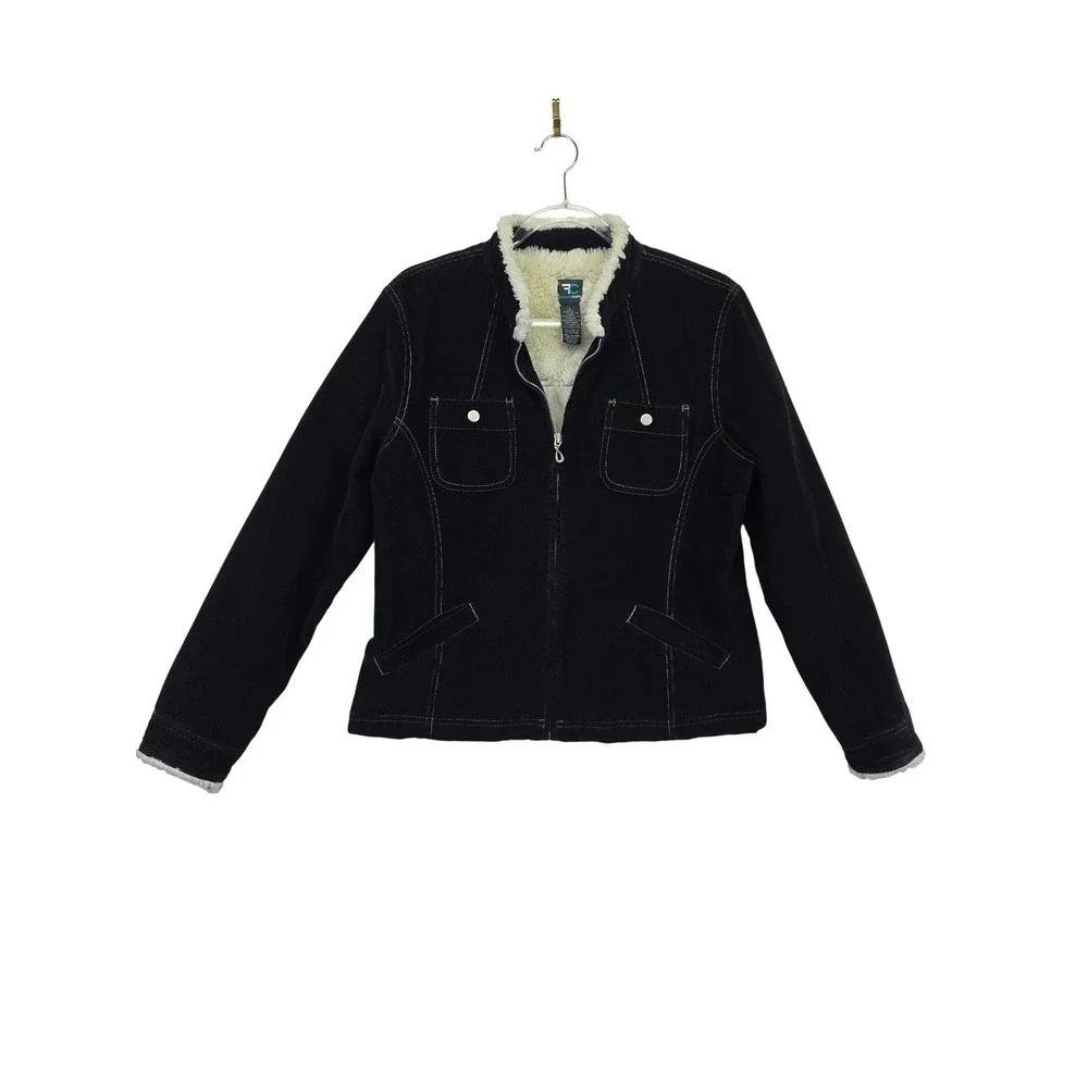 Y2K French Cuff Corduroy Jacket‎ Womens L Black Sherpa Lined Grunge Cozy Fall